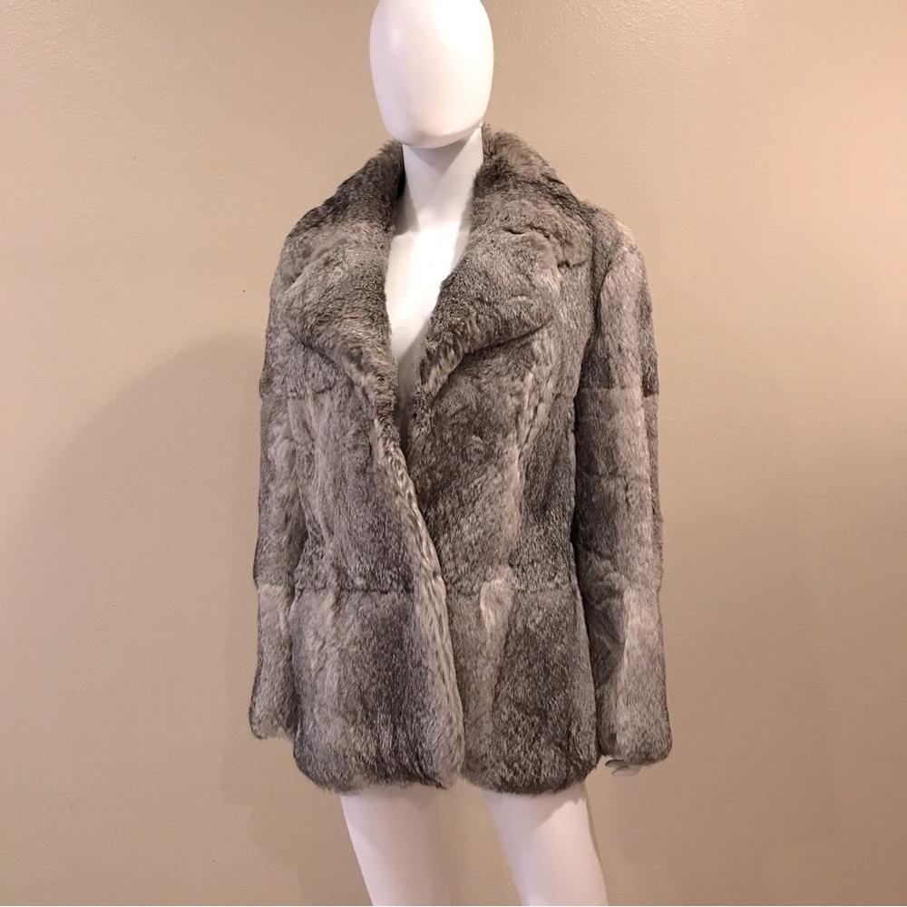 Womens Fur Coat Jacket Size 46 Medium Grey Rabbit Pockets Hook Closure Flaw - Picture 12 of 16